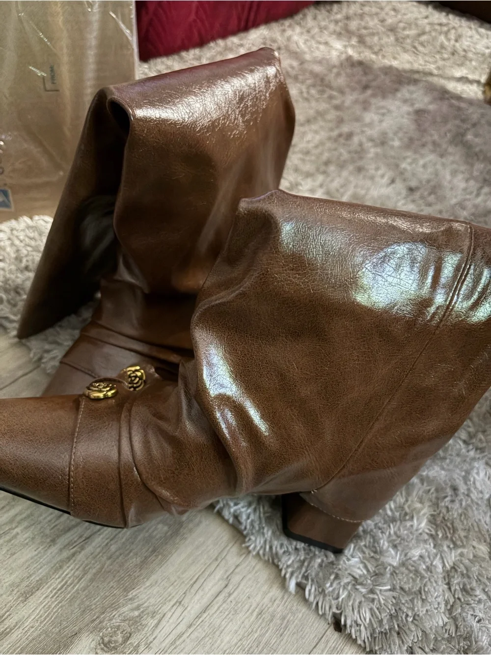 Women's Over-the-Knee Brown Leather Boots with Decorative Gold Accent